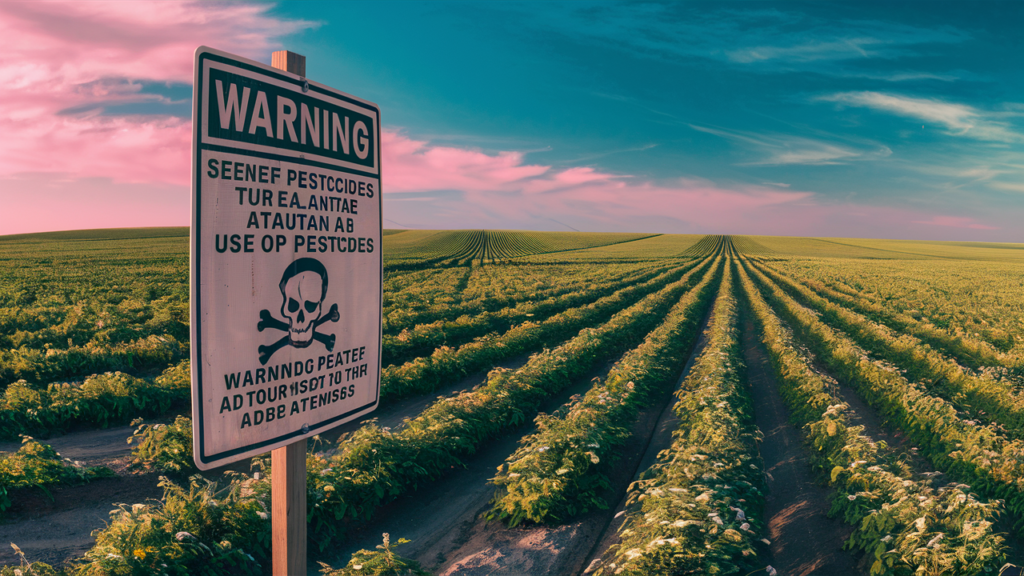 Campo agrícola con advertencia de pesticidas.